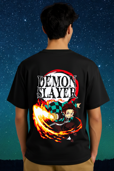 Oversized T-shirt 100% Cotton Round Neck Black Demon Slayer