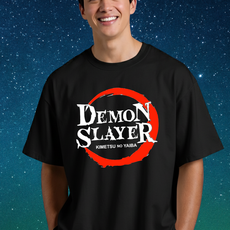 Oversized T-shirt 100% Cotton Round Neck Black Demon Slayer