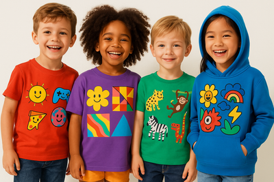 childrens are  wear diffrent colour regular tshirt, oversized tshirt, slim fit tshirt, and hoodies in graphic printed 